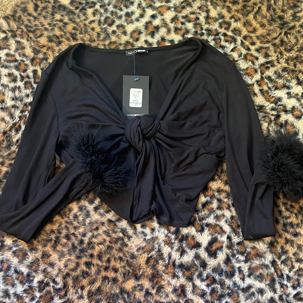 Black Crop Top with Furry Cuffs